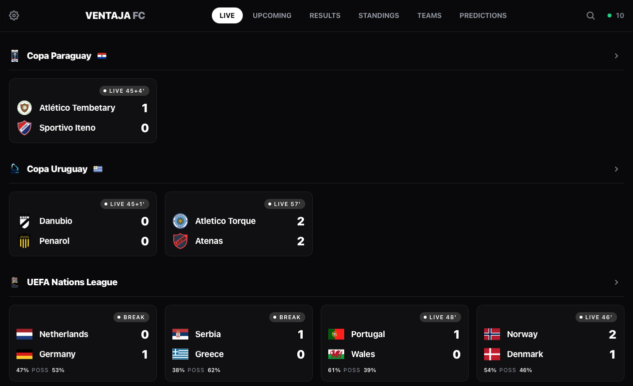 Ventaja FC website, live matches page